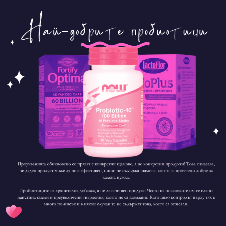Най-добрите пробиотици: Now, Nature's Way, LactoFlor. Проучванията обикновено се правят с конкретни щамове, а не конкретни продукти! Това озназава, че даден продукт може да не е ефективен, нищо че съдържа щамове, които са проучени добре за дадена нужда. Пробиотиците са хранителна добавка, а не лекарствен продукт. Често на опаковките им се слагат наистина смели и преувеличени твърдения, които не са доказани. Като цяло контролът върху тях е много по-нисък и в някои случаи те не съдържат това, което са описали.